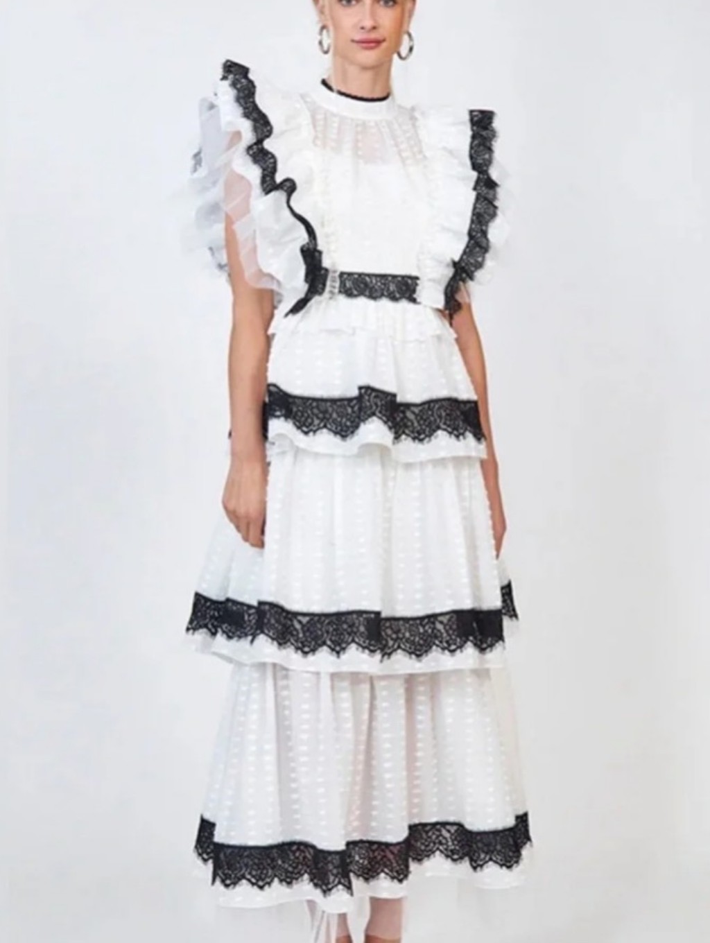 Hunter Bell Black & White Tiered Swiss Dot & Lace Maxi Dress Size 6 Elegant